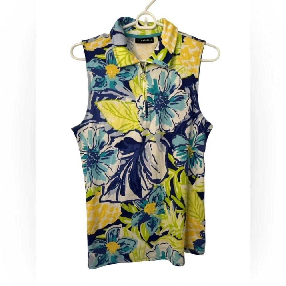 Rafaella Sleeveless Quarter Zip Polo Blue Tropical Hibiscus NWOT